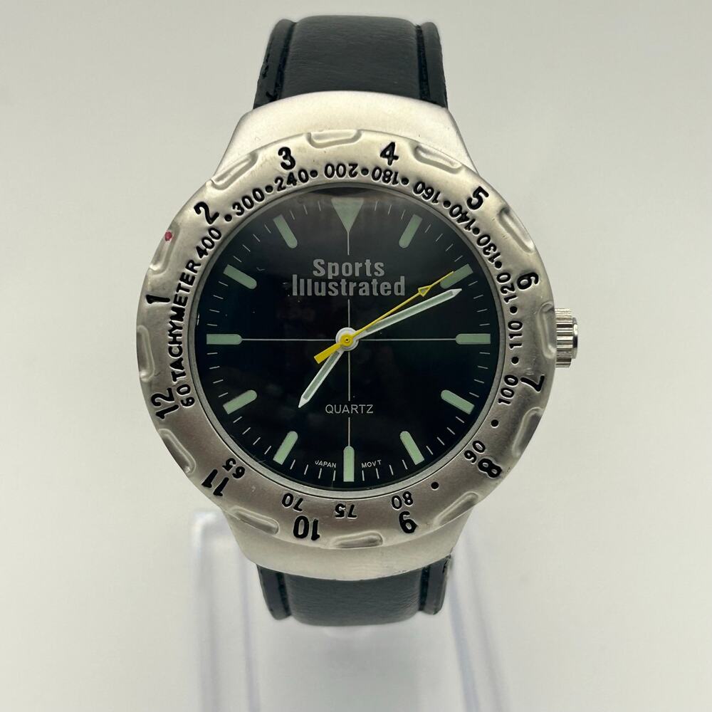 Sports Illustrated Silver Tone Rotating Bezel Black Leather Band Watch